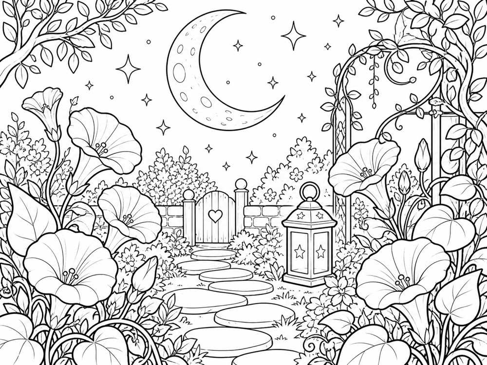 Moon garden coloring page preview